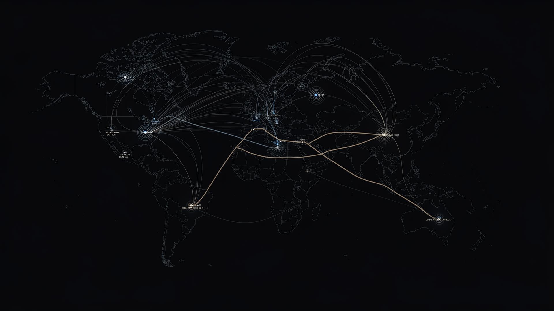 Abstract distributed systems map — nodes, routes and event flows.